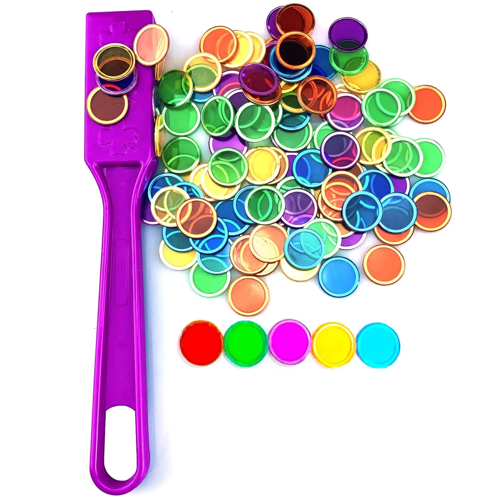 Dacefloy Magnetic Wands and Bingo Chips Set Magnet Wand 100 Multicolour Metal Ringed Discs Kids Science STEM Kit Learning Accessories Family Game Night Tokens — Purple