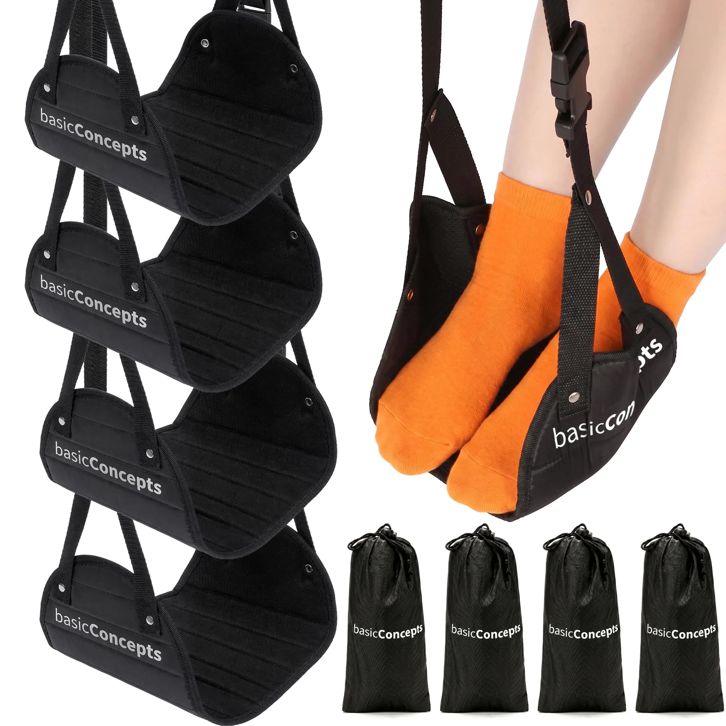 BASIC CONCEPTS Airplane Footrest Hammock 4 Pack | Adjustable Travel & Office Foot Rest