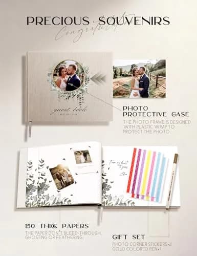 molekaus Wedding Guest Book Hardcover 8" x 10" (20.3 x 25.4 cm) with Photo Frame, 100 Pages | Classic Linen Design thumbnail 2