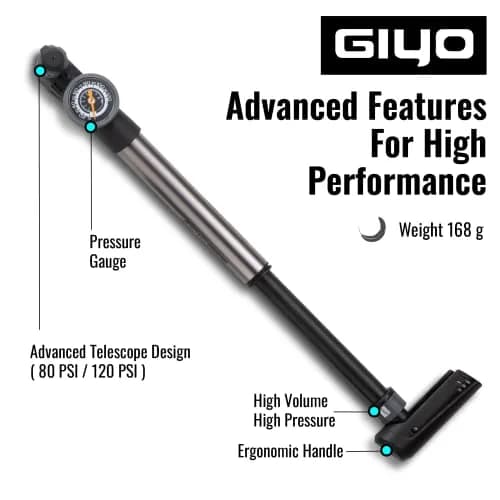 GIYO Mini Bike Pump with Gauge 2 Stage HP/HV 120 PSI | Easy Inflation for Road & MTB | Frame Mount Included | Taiwan Made (GP-993) thumbnail 4