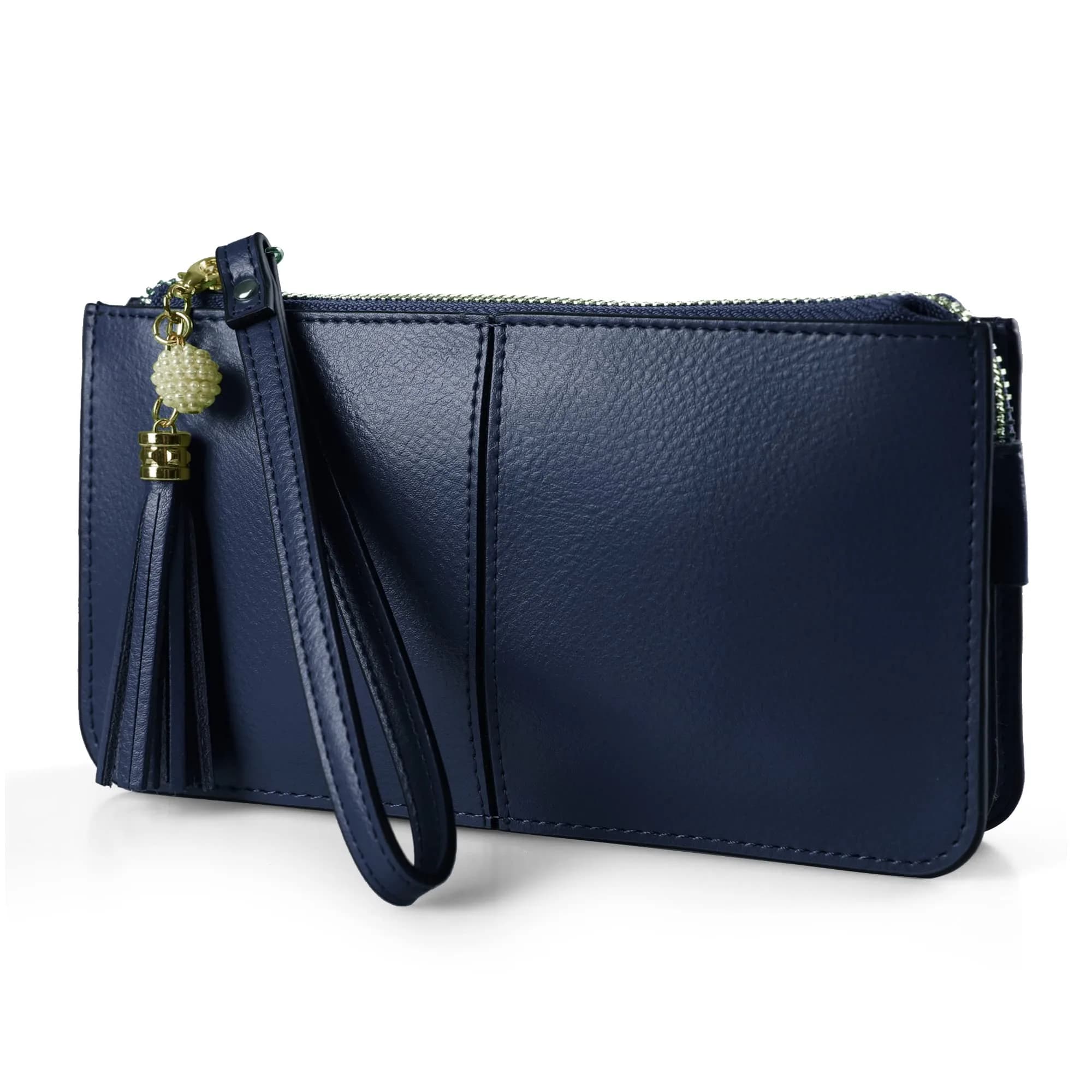 befen Genuine Leather Wristlet Clutch for Women Ultra-Slim Ladies Credit Card Holder Wallet Purses with RFID Protection (Kelly Green, 20.6cm x 11cm) — Navy Blue