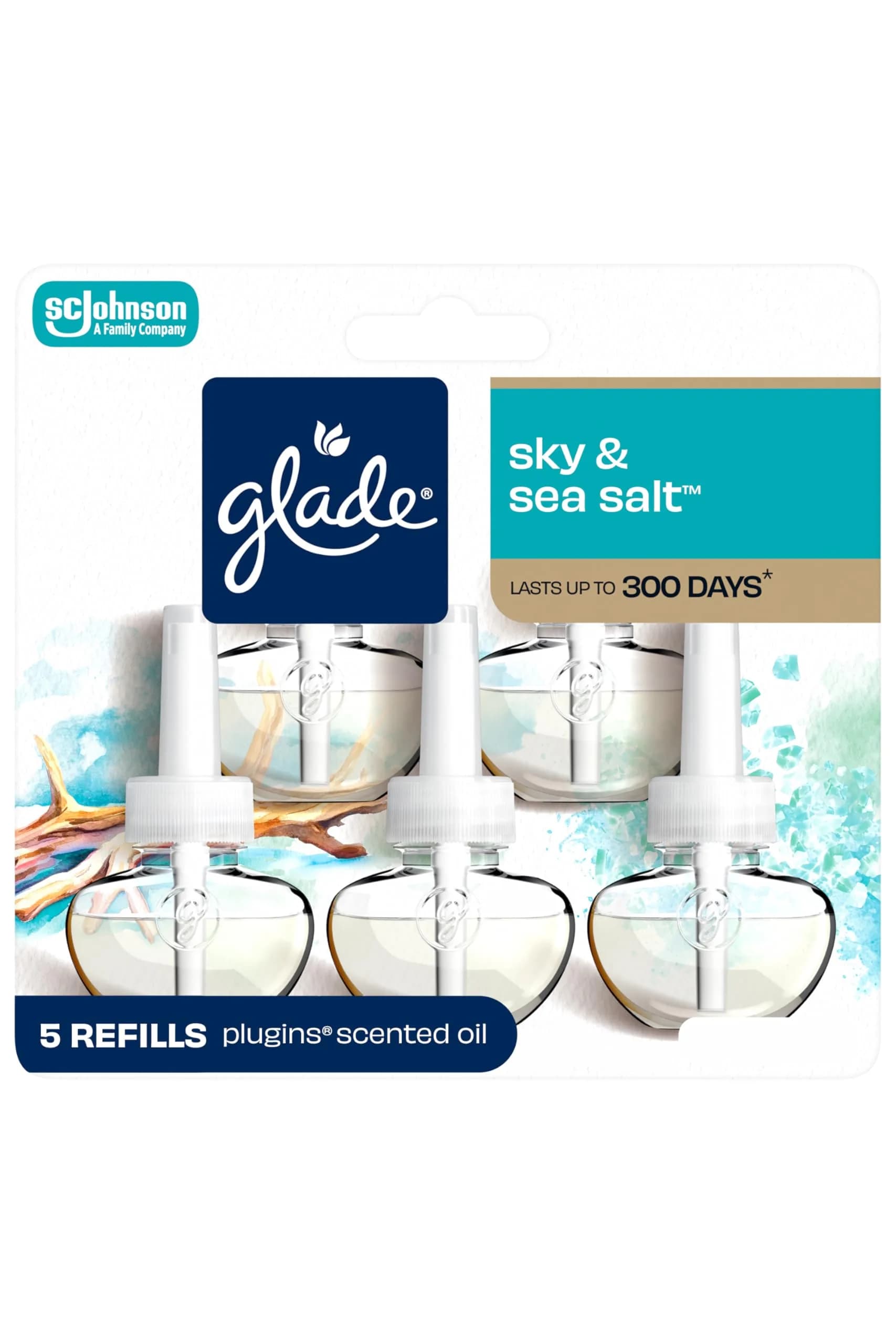Glade Sky & Sea Salt PlugIns Refills Air Freshener 167.5ml (5 x 3.35 Fl Oz) | Scented with Essential Oils for Home & Bathroom