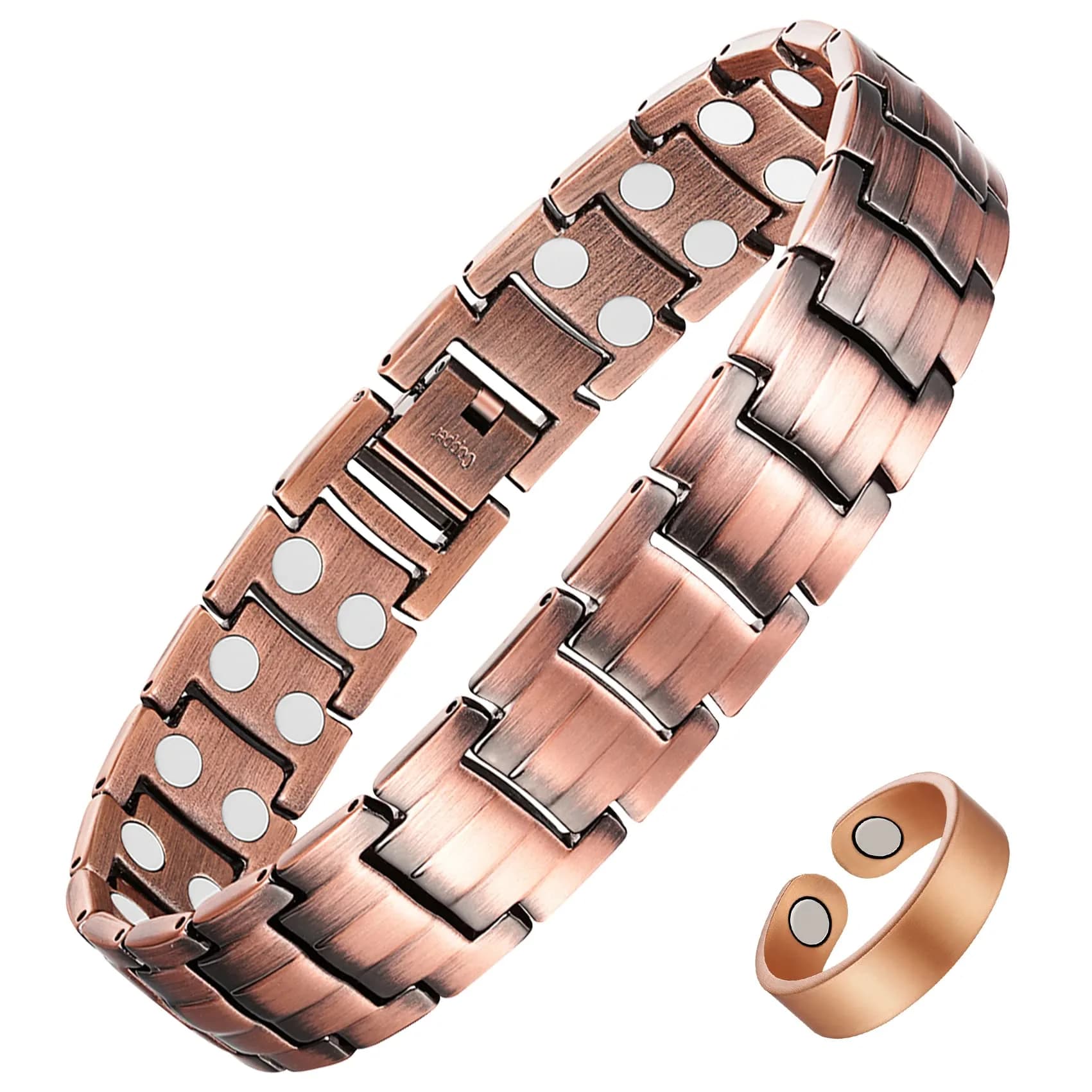 Feraco Men's Copper Magnetic Bracelet Black | Adjustable Size with 46 Magnets — Copper with Ring