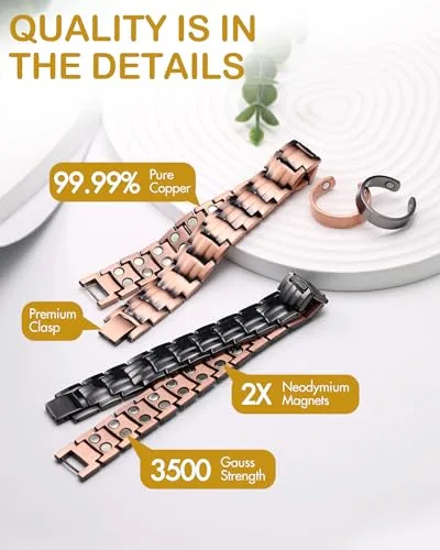 Feraco Men's Copper Magnetic Bracelet and Ring Set 22cm (8.66") | Hypoallergenic & Nickel-Free thumbnail 3