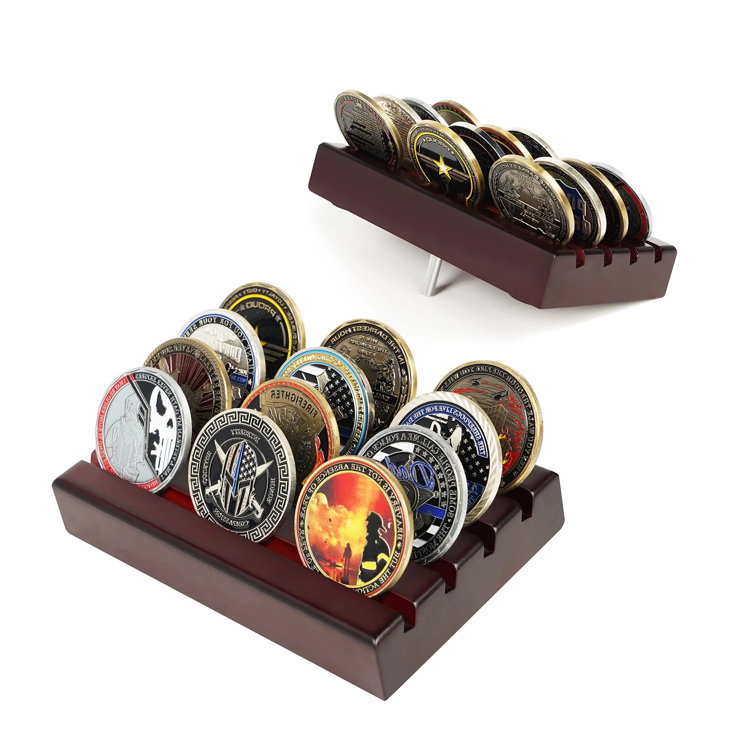 DecoWoodo Challenge Coin Holder Display Case 4 Row Mahogany | Solid Wood Military Coin Stand Holds 12 Coins
