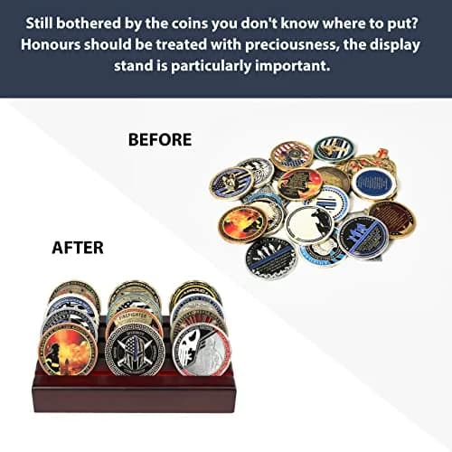 DecoWoodo Challenge Coin Holder Display Case 4 Row Mahogany | Solid Wood Military Coin Stand Holds 12 Coins thumbnail 5