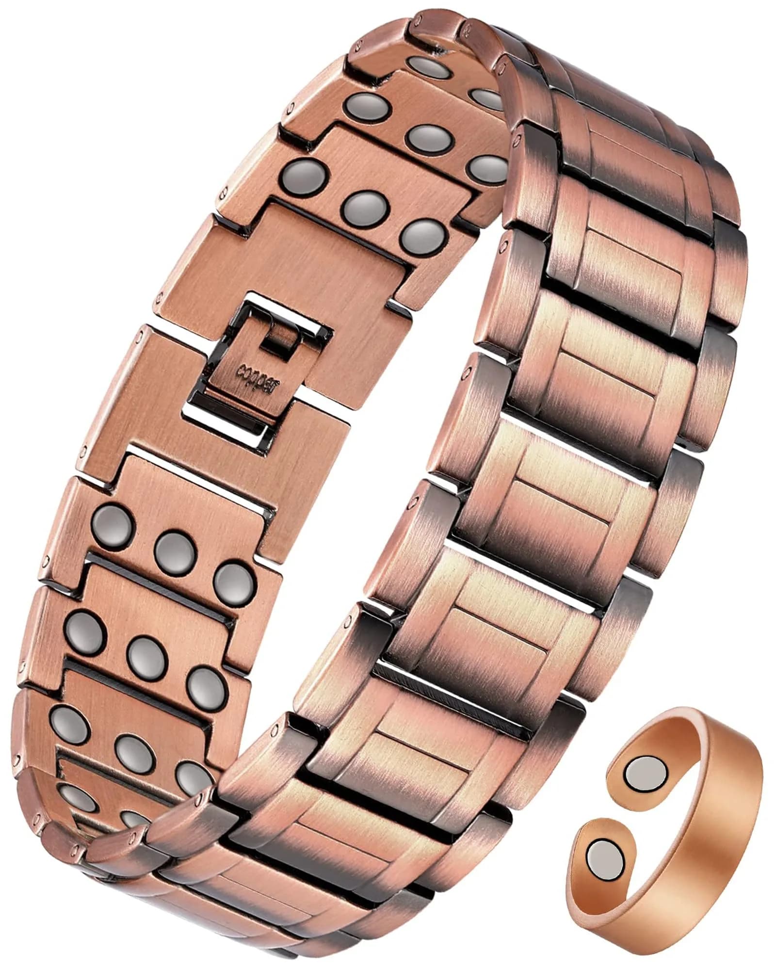 Feraco Magnetic Copper Bracelet for Men | 23 cm (9.1 inches) | 57 x 3800 Gauss Magnets | Classic Geometric Pattern — Copper with Ring