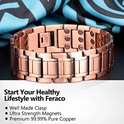 Feraco Men's Copper Magnetic Bracelet & Ring Set | 57 x 3500 Gauss Magnets, Adjustable, Gift Box thumbnail 6