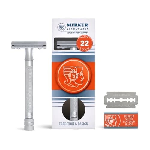 MERKUR 22C Double Edge Safety Razor - Matte Chrome | Long Knurled Brass Handle, 61g (2.15 oz) | Made in Germany thumbnail 1