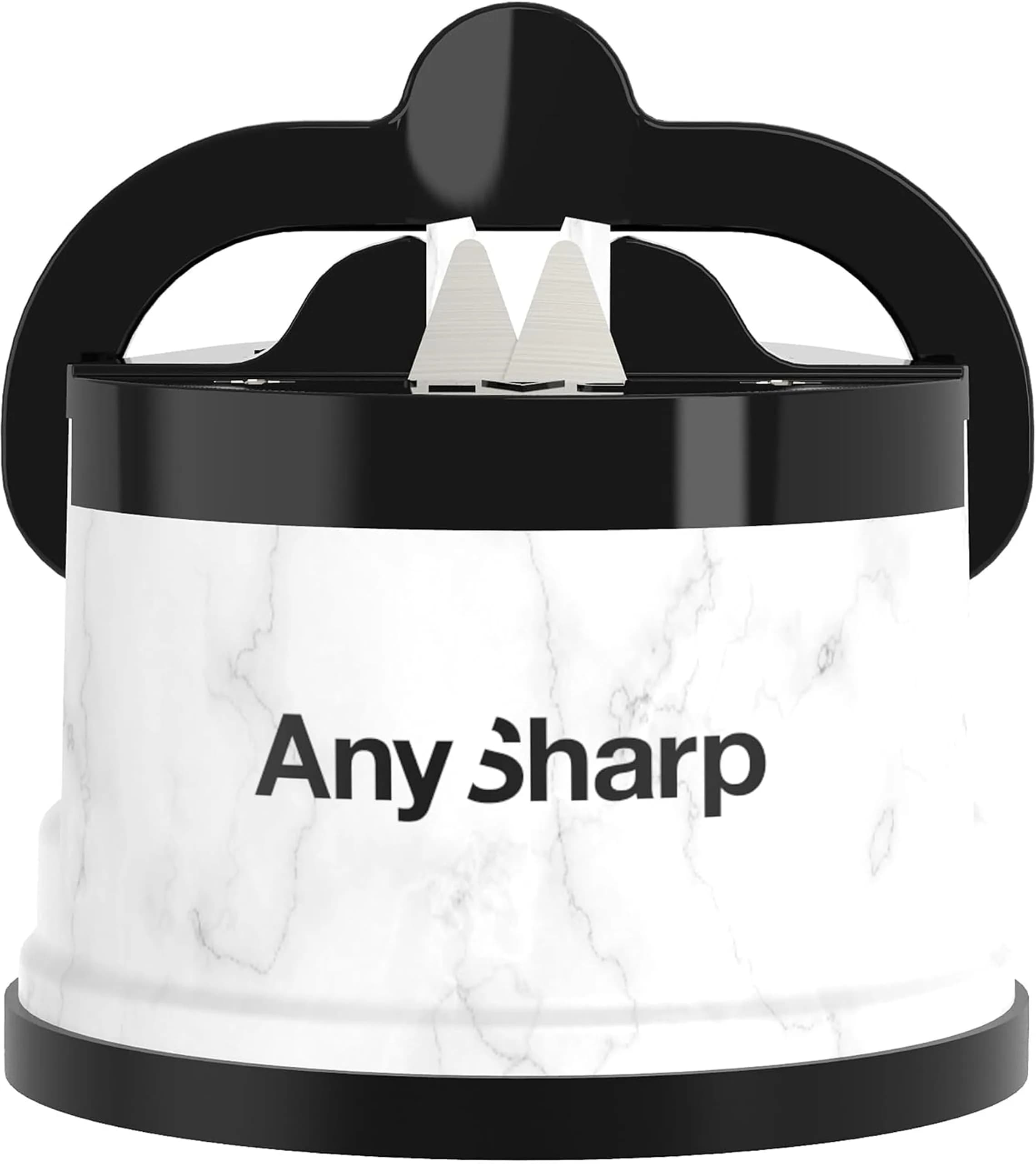 AnySharp Editions Knife Sharpener Daisy | Hands-Free Suction Base, 20-Degree Angle, Tungsten Carbide Edges — White Marble / Classic Gift Box