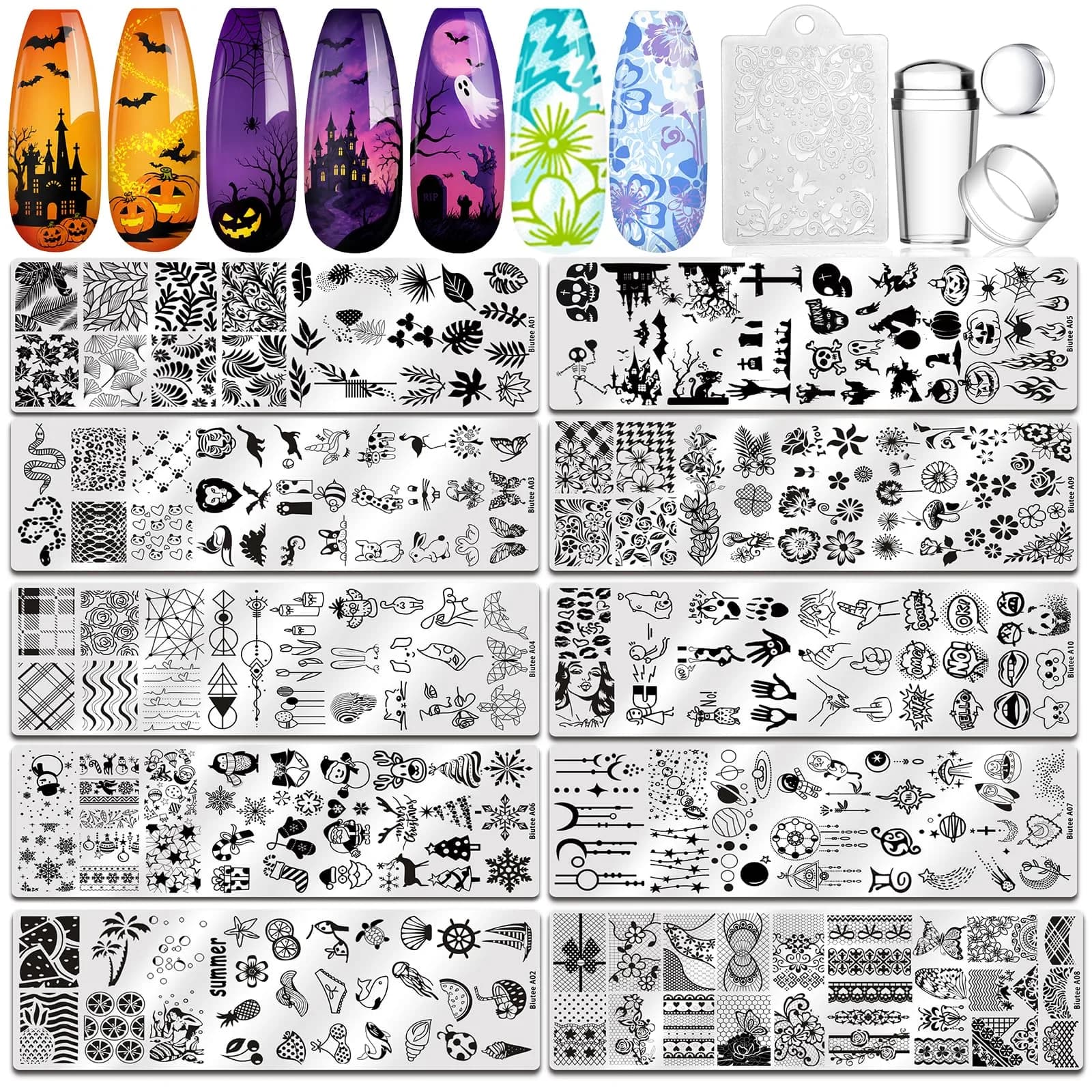 Biutee 15PCS Nail Stamping Plates Set with Silicone Stamper & Scraper | Professional DIY Manicure Tool Kit — Stamping Kit - 12 Piece Set