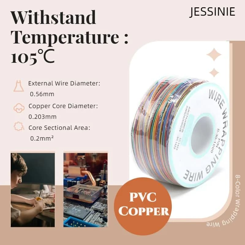 JESSINIE 8-Color Electronic Wire - 30 AWG Single Core, 250M | Tinned Copper Solid Cable for Circuit Boards thumbnail 2