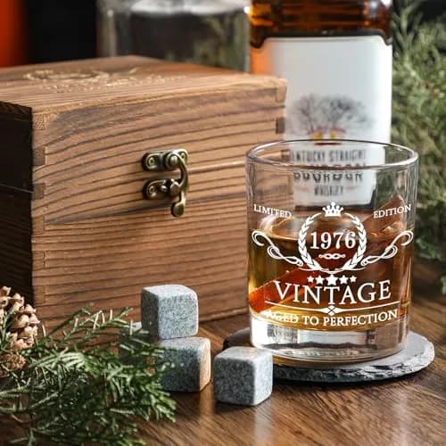 AOZITA 50th Birthday Whiskey Glass Set - 11oz Classic Old Fashioned Glass with Wooden Box & Whiskey Stones thumbnail 5