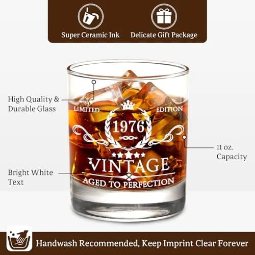 AOZITA 50th Birthday Whiskey Glass Set - 11oz Classic Old Fashioned Glass with Wooden Box & Whiskey Stones thumbnail 7