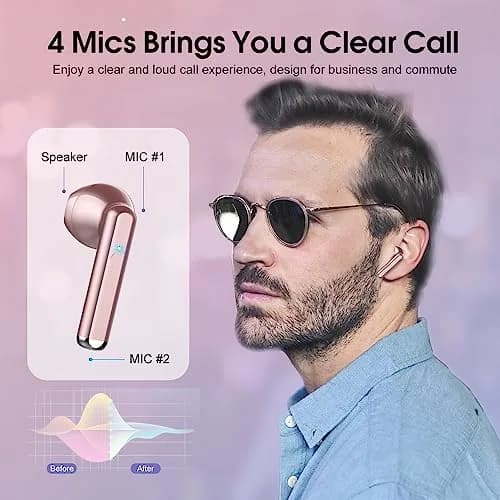 OYIB Wireless Earbuds Bluetooth 5.3, ENC Mic, 25H Playtime, IPX7 Waterproof, Rose Gold | HD Stereo Sound thumbnail 2