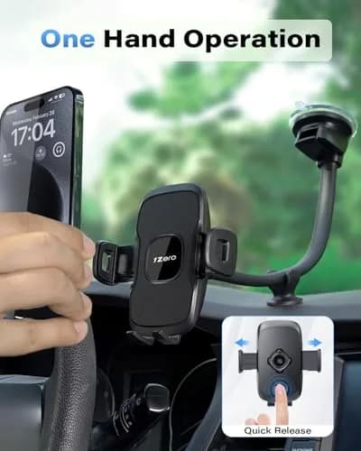 1Zero Solid Car Truck Phone Mount Holder Black with 14" Gooseneck Long Arm | 360° Rotation & Strong Suction thumbnail 3
