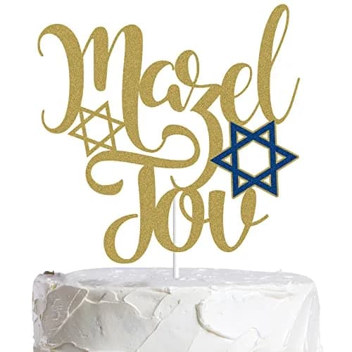 LINGBOOM Mazel Tov Cake Topper Gold Glitter Jewish Birthday 9.8*15 cm | Festive Cake Decoration with Hebrew Congratulations thumbnail 1