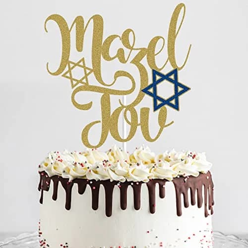 LINGBOOM Mazel Tov Cake Topper Gold Glitter Jewish Birthday 9.8*15 cm | Festive Cake Decoration with Hebrew Congratulations thumbnail 4