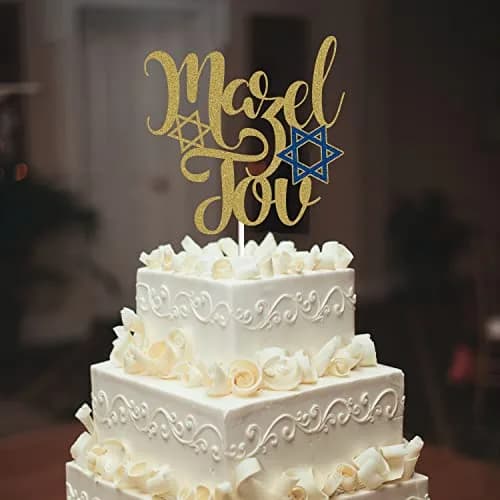 LINGBOOM Mazel Tov Cake Topper Gold Glitter Jewish Birthday 9.8*15 cm | Festive Cake Decoration with Hebrew Congratulations thumbnail 5