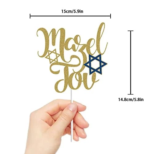 LINGBOOM Mazel Tov Cake Topper Gold Glitter Jewish Birthday 9.8*15 cm | Festive Cake Decoration with Hebrew Congratulations thumbnail 2