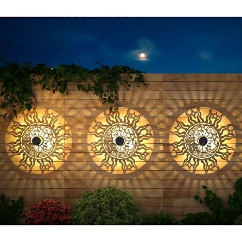gardencave Sun Moon Solar Fence Lights 2 Pack | Decorative Outdoor Metal Lights thumbnail 2