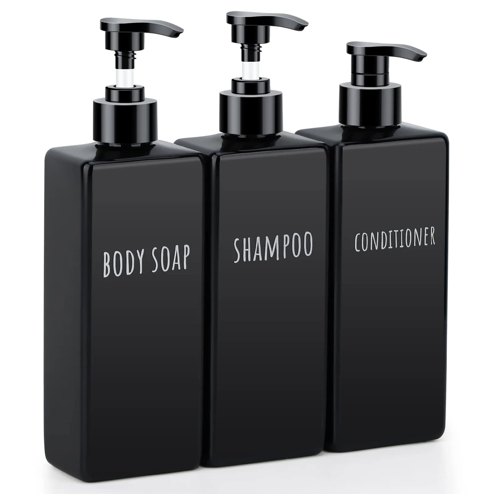 Segbeauty Black Plastic Square Soap Dispenser Set | 3pcs 500ml (16.9oz) Refillable Pump Bottles for Shampoo, Conditioner, Body Wash - main product image