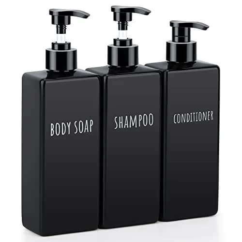 Segbeauty Black Plastic Square Soap Dispenser Set | 3pcs 500ml (16.9oz) Refillable Pump Bottles for Shampoo, Conditioner, Body Wash thumbnail 1