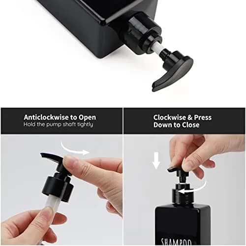 Segbeauty Black Plastic Square Soap Dispenser Set | 3pcs 500ml (16.9oz) Refillable Pump Bottles for Shampoo, Conditioner, Body Wash thumbnail 5