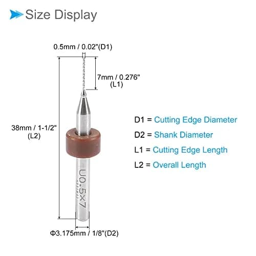 CoCud Micro PCB Drill Bits 0.5mm Cutting Edge 38mm Length | 20-Piece Set with 1/8" Shank thumbnail 2