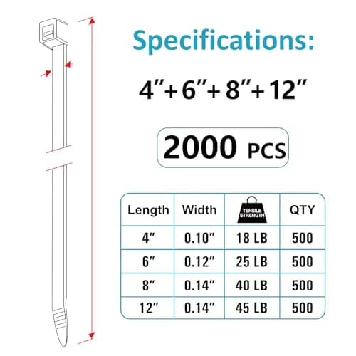 ANOSON Zip Ties Assorted Sizes 4"+6"+8"+12" | UV Resistant Nylon, 2000 Pack, Black thumbnail 2