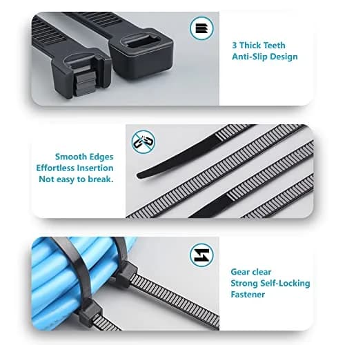 ANOSON Zip Ties Assorted Sizes 4"+6"+8"+12" | UV Resistant Nylon, 2000 Pack, Black thumbnail 4
