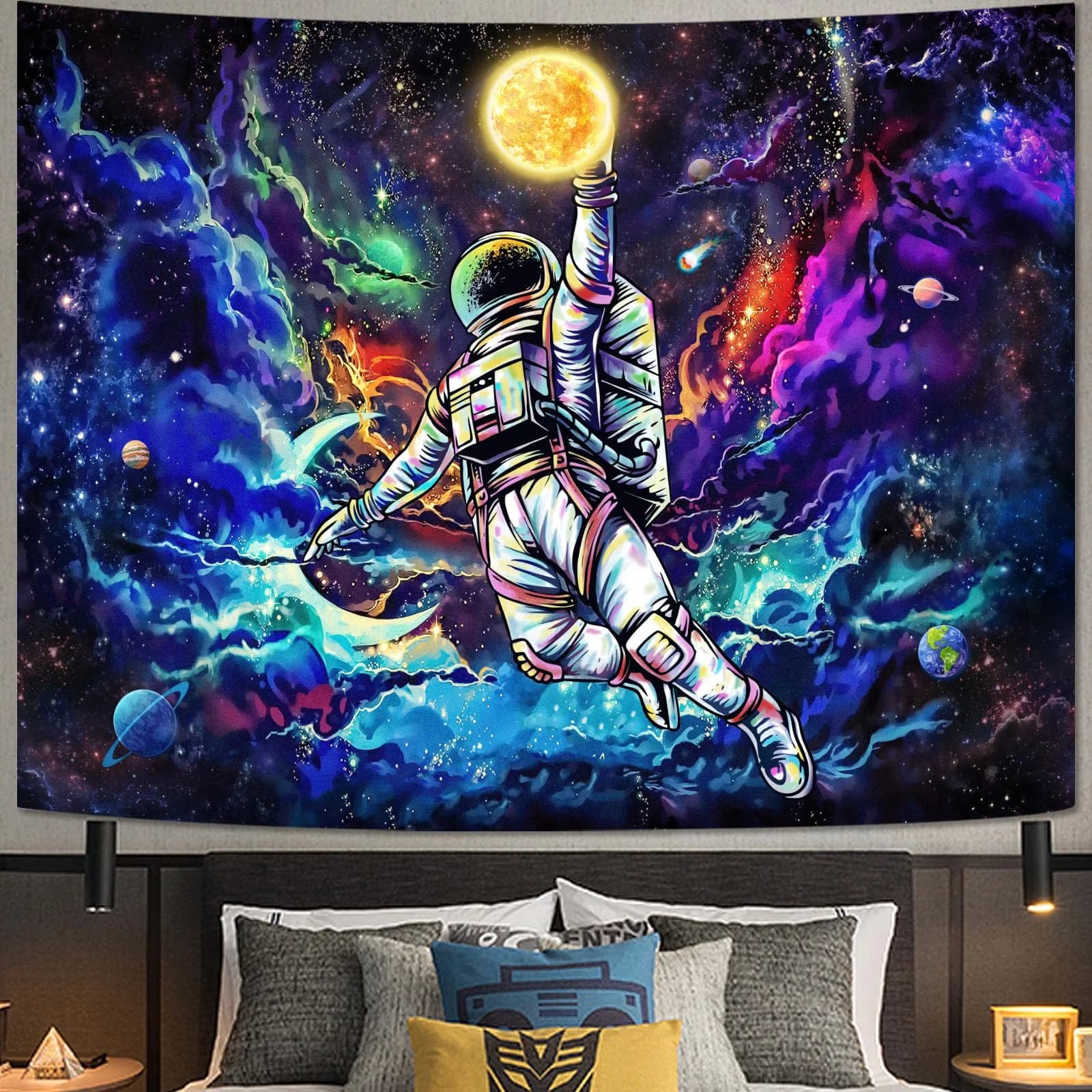 kampdream Blacklight Astronaut Space Tapestry 36×48 inch | UV Reactive Galaxy Universe Planet Glow in Dark Wall Art