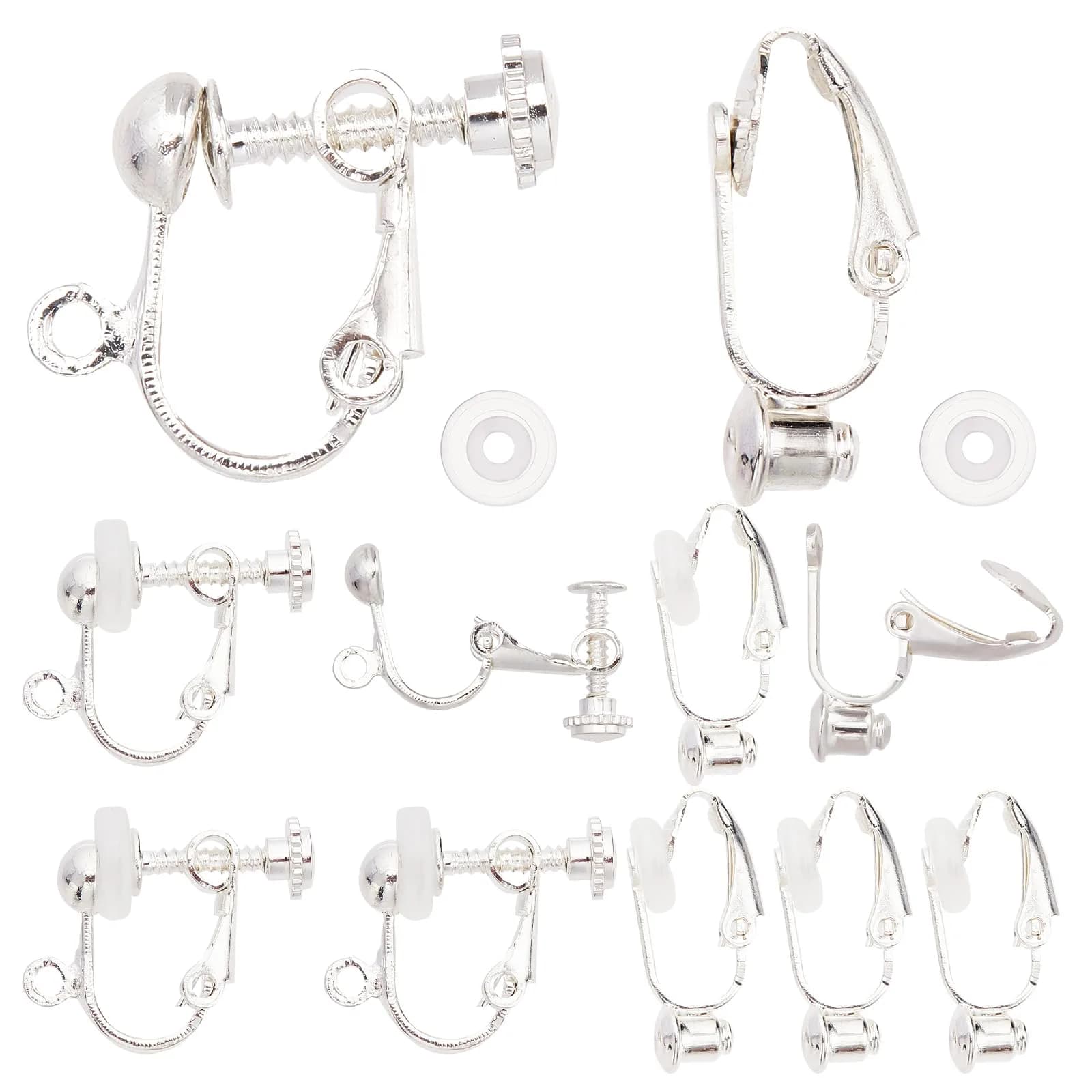 SUNNYCLUE 28pcs 7 Style Clip-on Earring Findings Set | Non-Pierced Earring Converter Components — 1 Box 16pcs 2 Style Silver