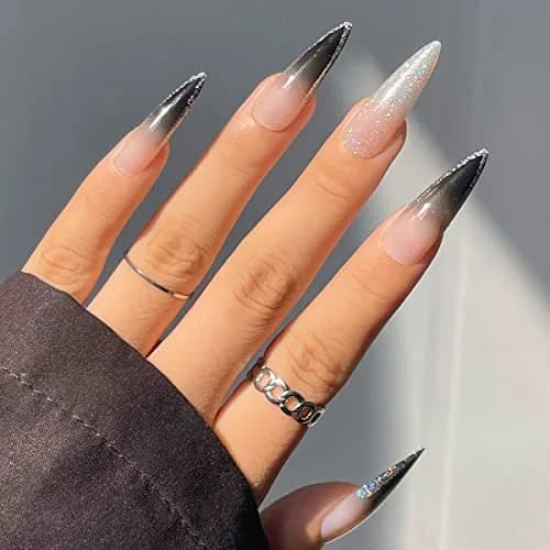 MISUD Press on Nails - Long Stiletto Goth Black with Glitter | Acrylic Bling Design for Women & Teens thumbnail 1