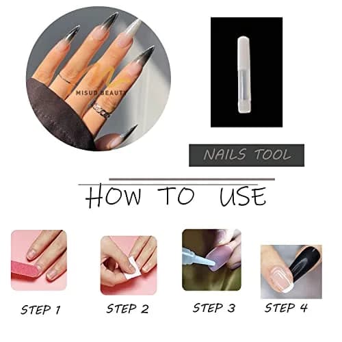 MISUD Press on Nails - Long Stiletto Goth Black with Glitter | Acrylic Bling Design for Women & Teens thumbnail 5