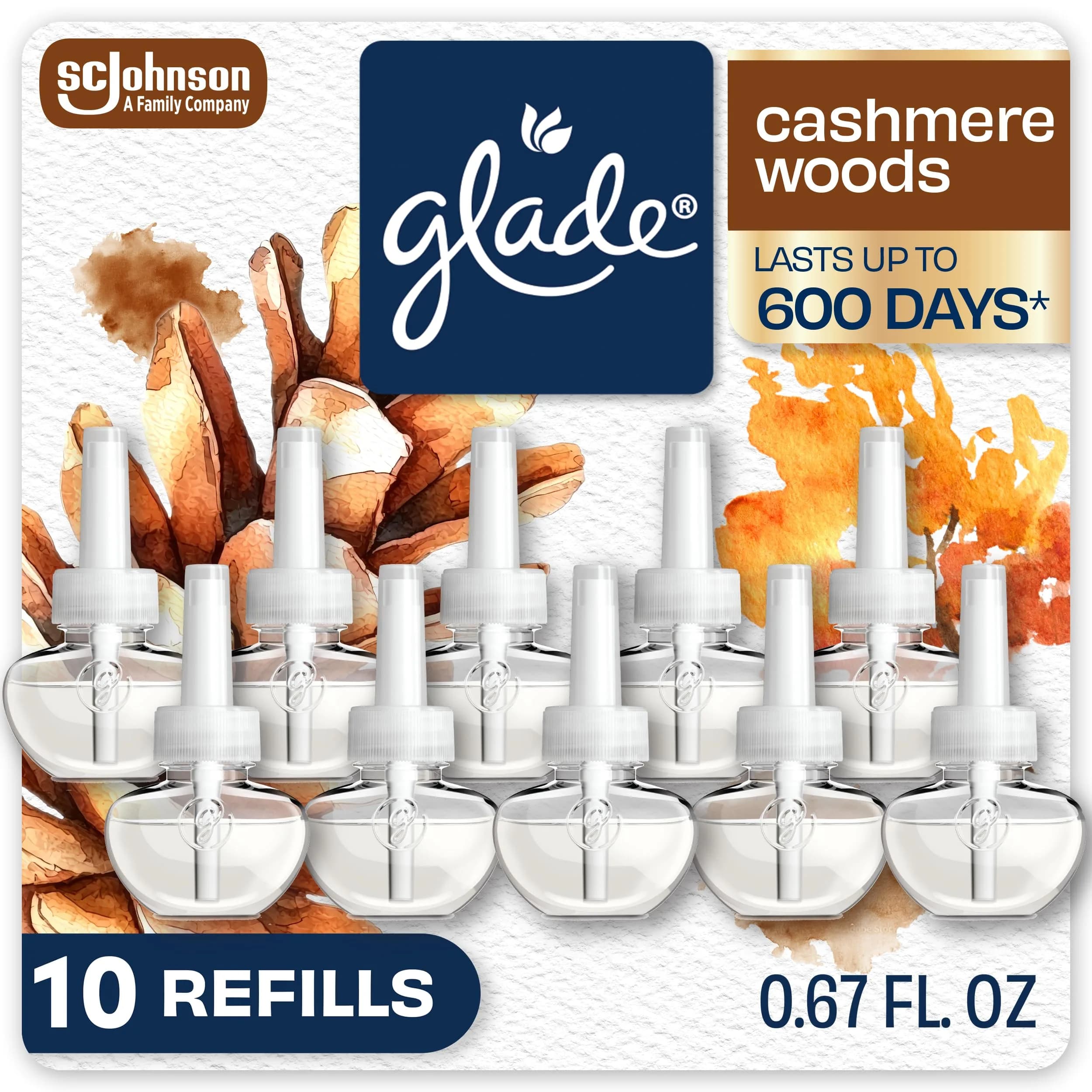 Glade PlugIns Refills Air Freshener, Cashmere Woods Scent, 10 Count | Essential Oils for Home & Bathroom - main product image