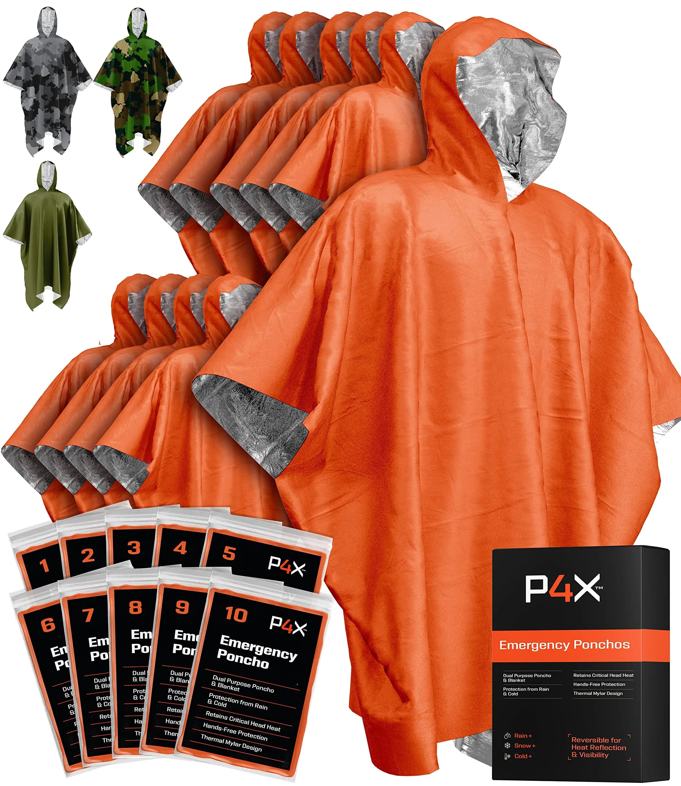 PREPARED4X Emergency Mylar Poncho 10-Pack (Orange) | Survival Rain Poncho with Hood for Hiking & Camping
