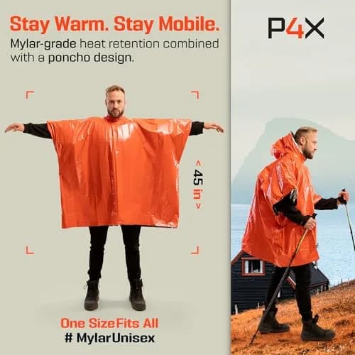 PREPARED4X Emergency Mylar Poncho 10-Pack (Orange) | Survival Rain Poncho with Hood for Hiking & Camping thumbnail 2
