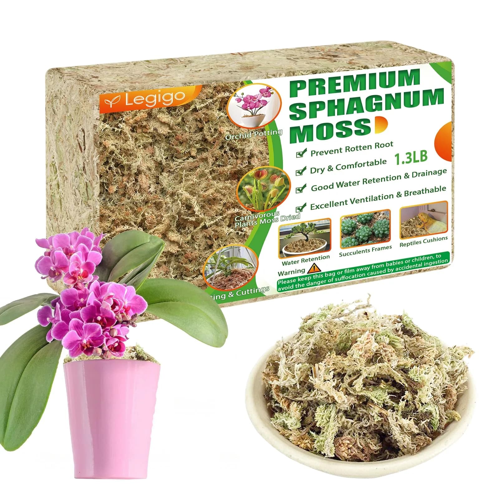 Legigo 4 QT Natural Sphagnum Moss Potting Mix | Moisture-Retentive for Orchids & Carnivorous Plants — 25 QT(1.3 lb)