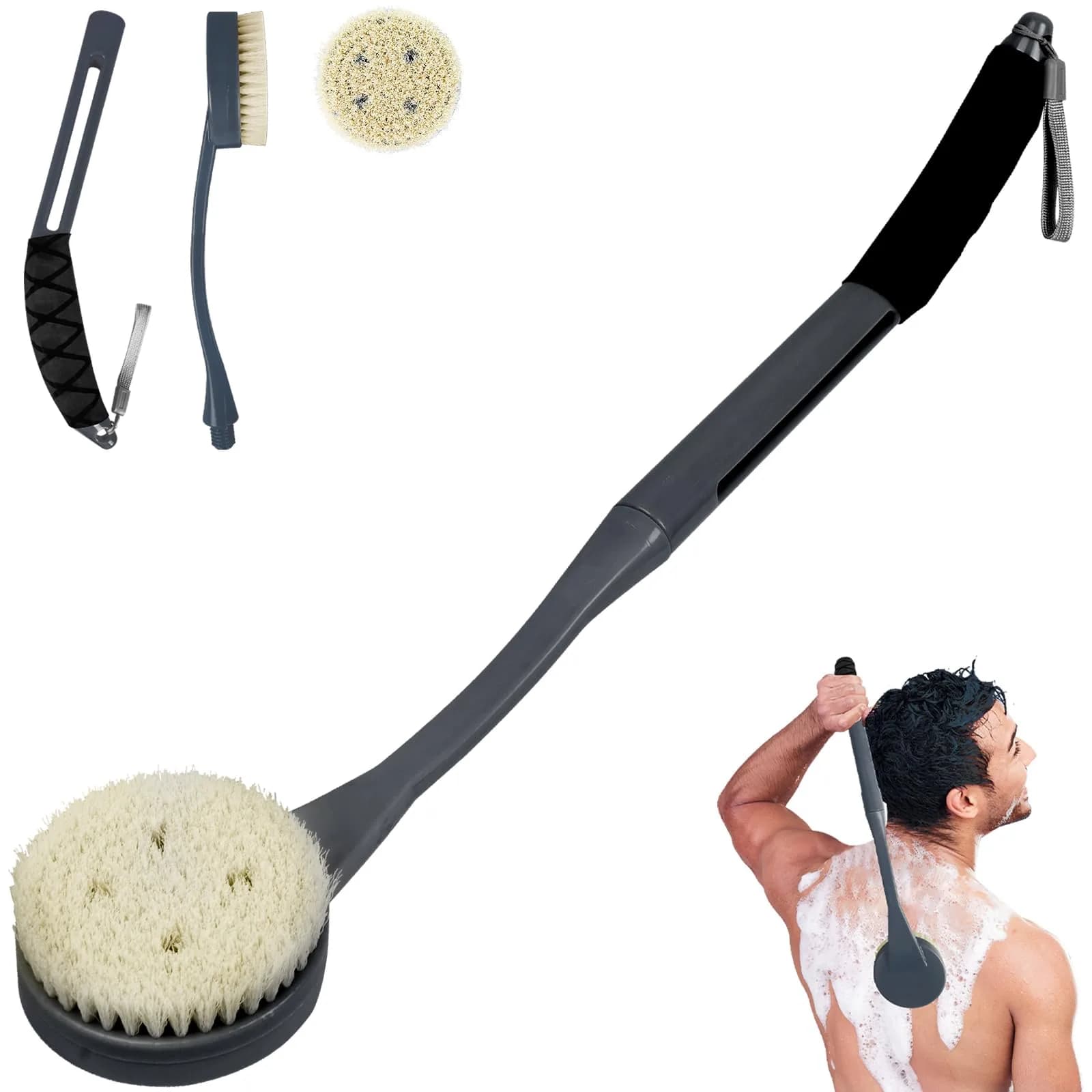 BTideas Detachable Back Bath Brush with Long Handle for Shower, 55cm (21.7") Black | Exfoliates & Cleans Hard-to-Reach Areas — 20.5” Gray Soft Bristles