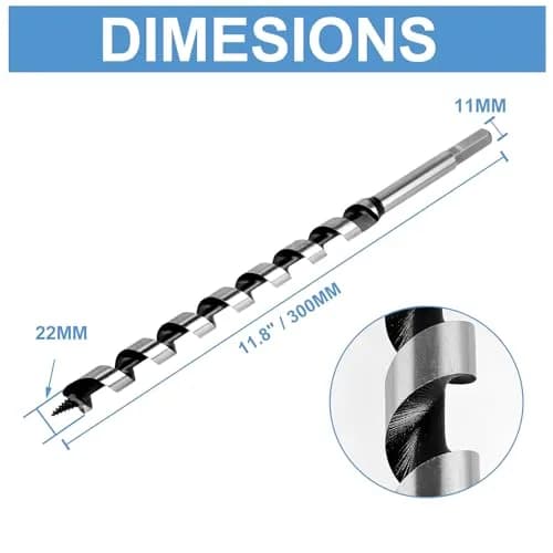 Masendelk 22mm (0.875 Inch) Wood Auger Drill Bit with 11mm Hex Shank | 300mm Long Carbon Steel for Hardwood & Softwood thumbnail 5