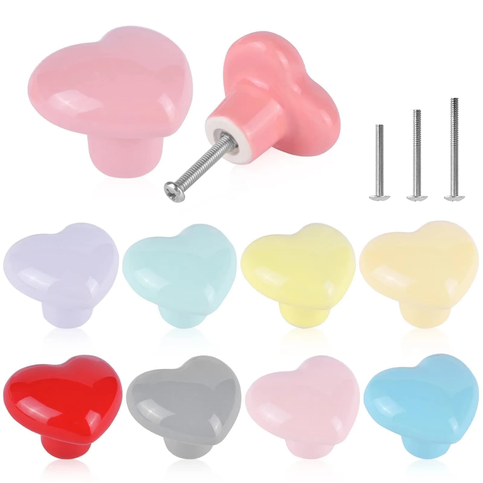OctinPris Pink Heart Drawer Knobs 45mm (1.77") Ceramic | Set of 6 for Dressers & Cabinets — multicolor