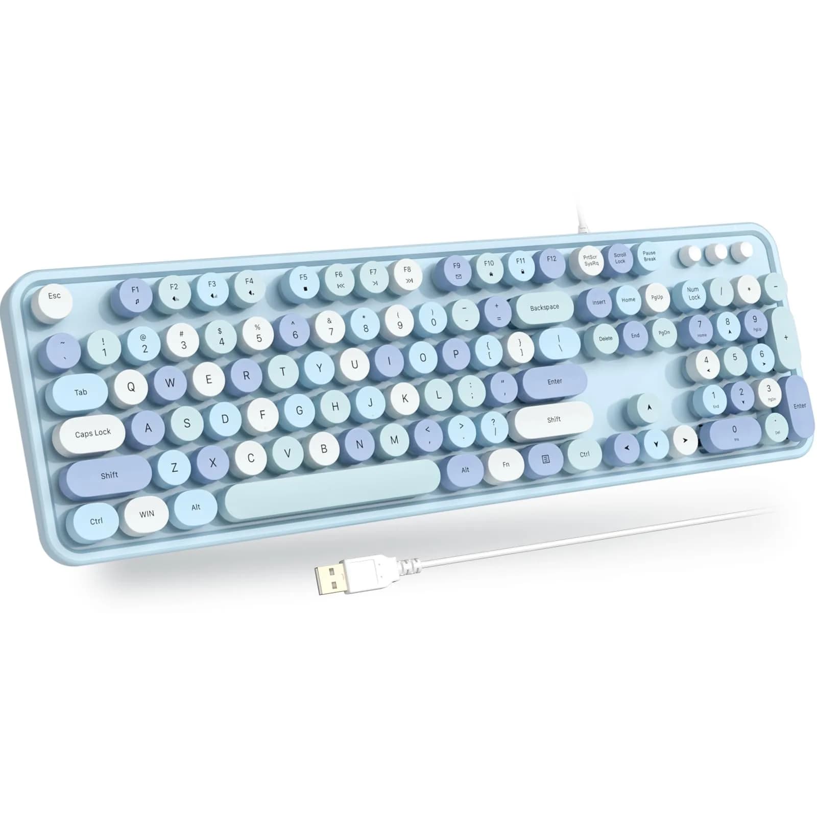 Atelus Retro Typewriter Keyboard Full Size Wired USB Keyboard with Number Pad, 17.52" x 5.12" x 1.38" (Creamy White) | Clicky Switches — Blue Colorful