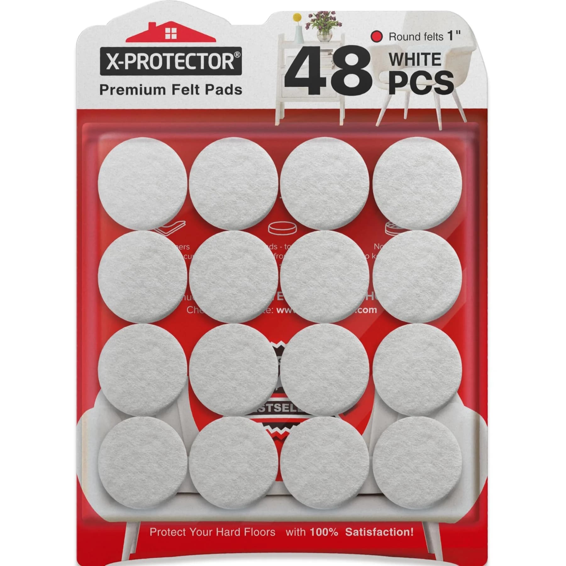 X-Protector Felt Furniture Pads - 48 PCS 1" White | Floor Scratch Protection - main product image