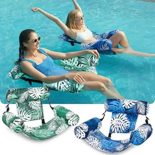 Sloosh Inflatable Pool Float Chairs 2-Pack 76x41x61 cm (30"x16"x24") | Tropical Leaves Design with Mesh Sling thumbnail 2