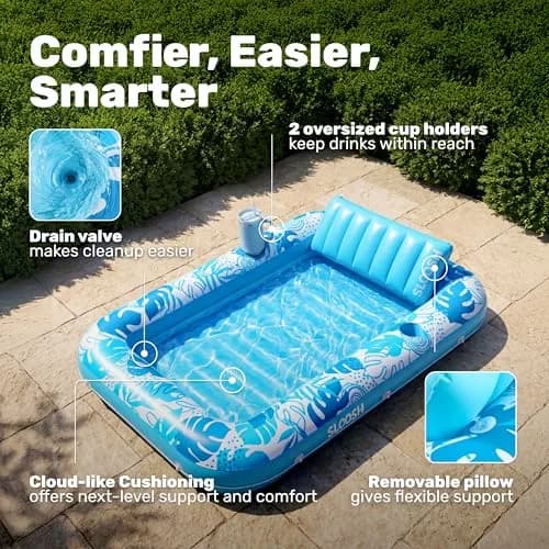 Sloosh Inflatable Tanning Pool Lounger Float 216cm x 145cm (85" x 57") | XL Blue with Pillow & Drink Holders thumbnail 4