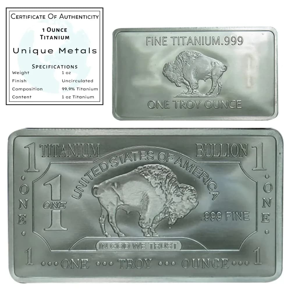 Unique Metals 1 Troy Ounce (31.1 g) Pure Titanium Bar Paperweight | Authentic USA Import with COA - main product image