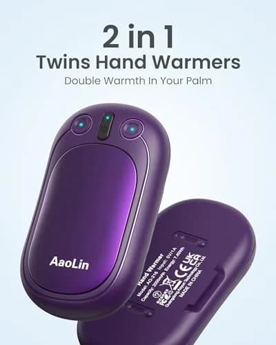 AaoLin Rechargeable Hand Warmers 2-Pack, 2-in-1 Electric Pocket Heaters - 2 Pack Purple thumbnail 2