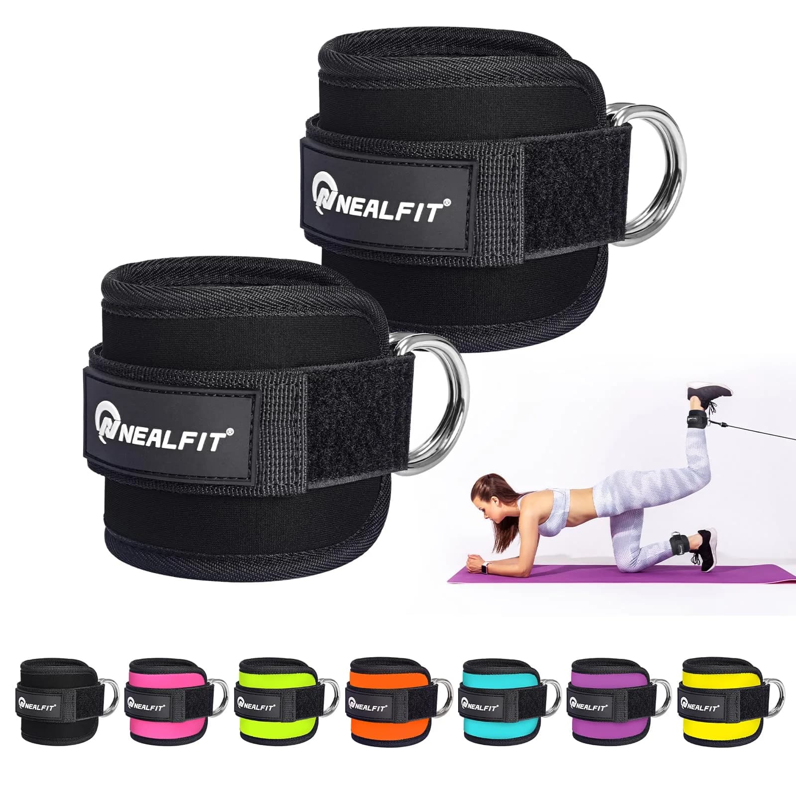 NEALFIT Pink Ankle Strap for Cable Machine, Pair | Comfortable Padded Cuffs for Glute Kickbacks, Leg Extensions, Hip Abductors — Black / Pair