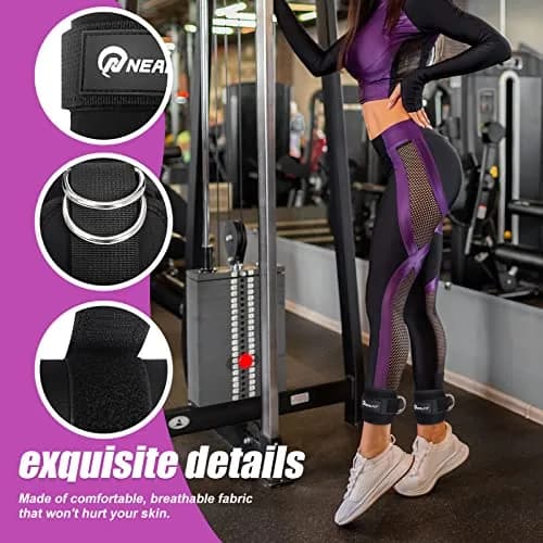 NEALFIT Black Ankle Strap Pair for Cable Machines | Reinforced Steel D-Ring for Glute Kickbacks & Leg Extensions thumbnail 4